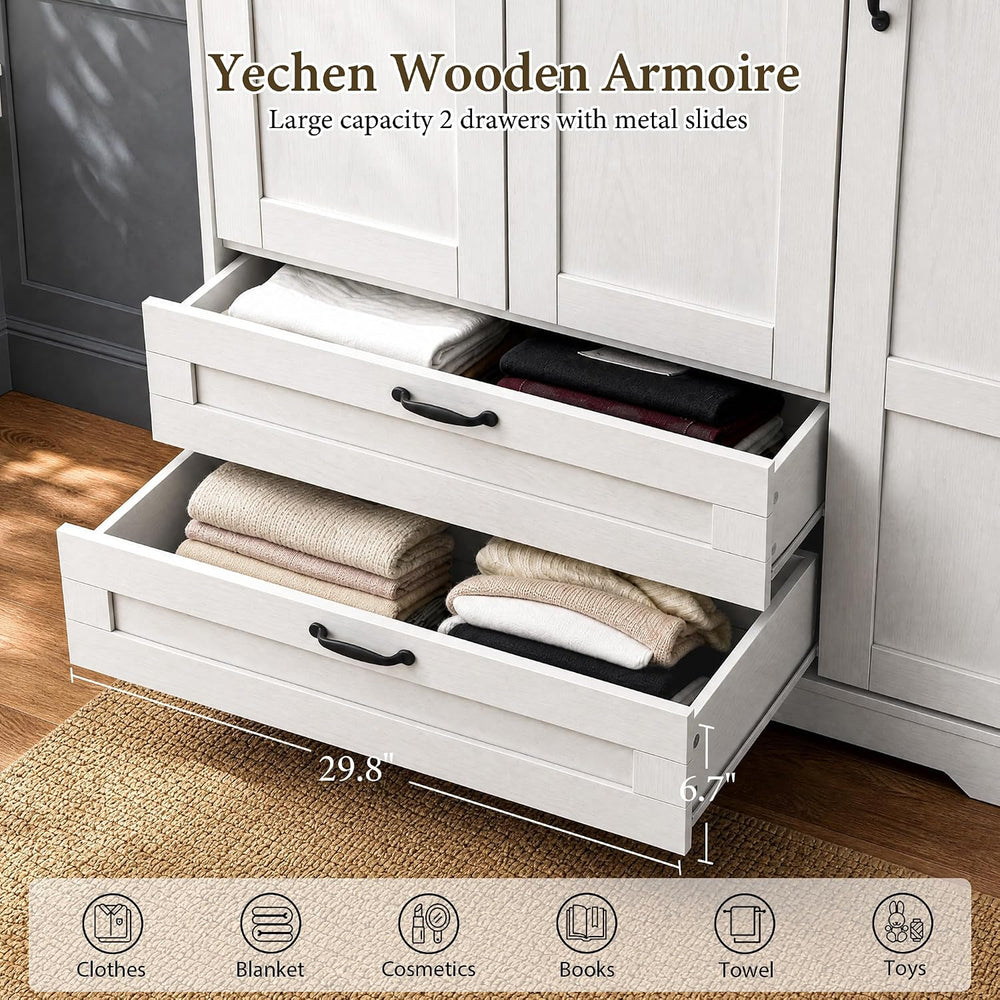 Yechen 3-Door Wooden Armoire Wardrobe Closet with Drawers and Shelves, Bedroo...