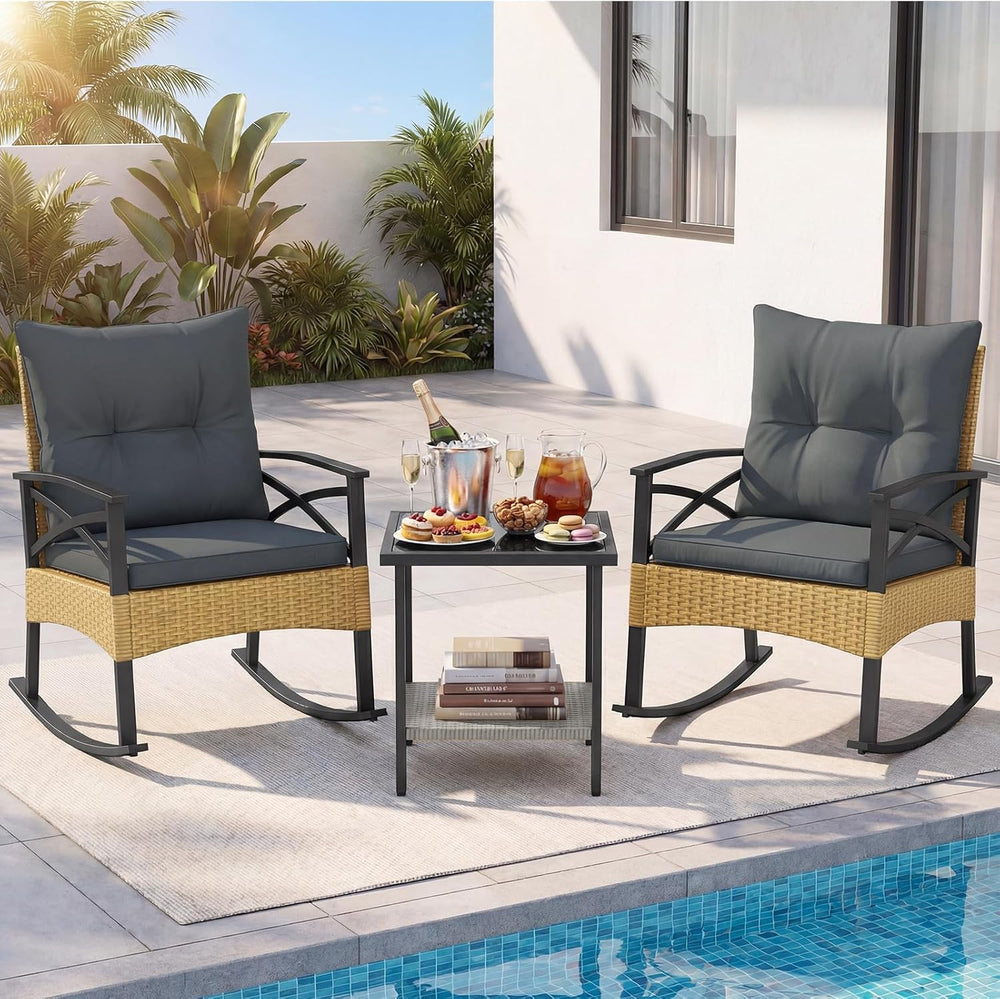 RELAX4LIFE 3-Piece Rattan Patio Rocking Chair Set, 2 Wicker Glider Rocking Ch...