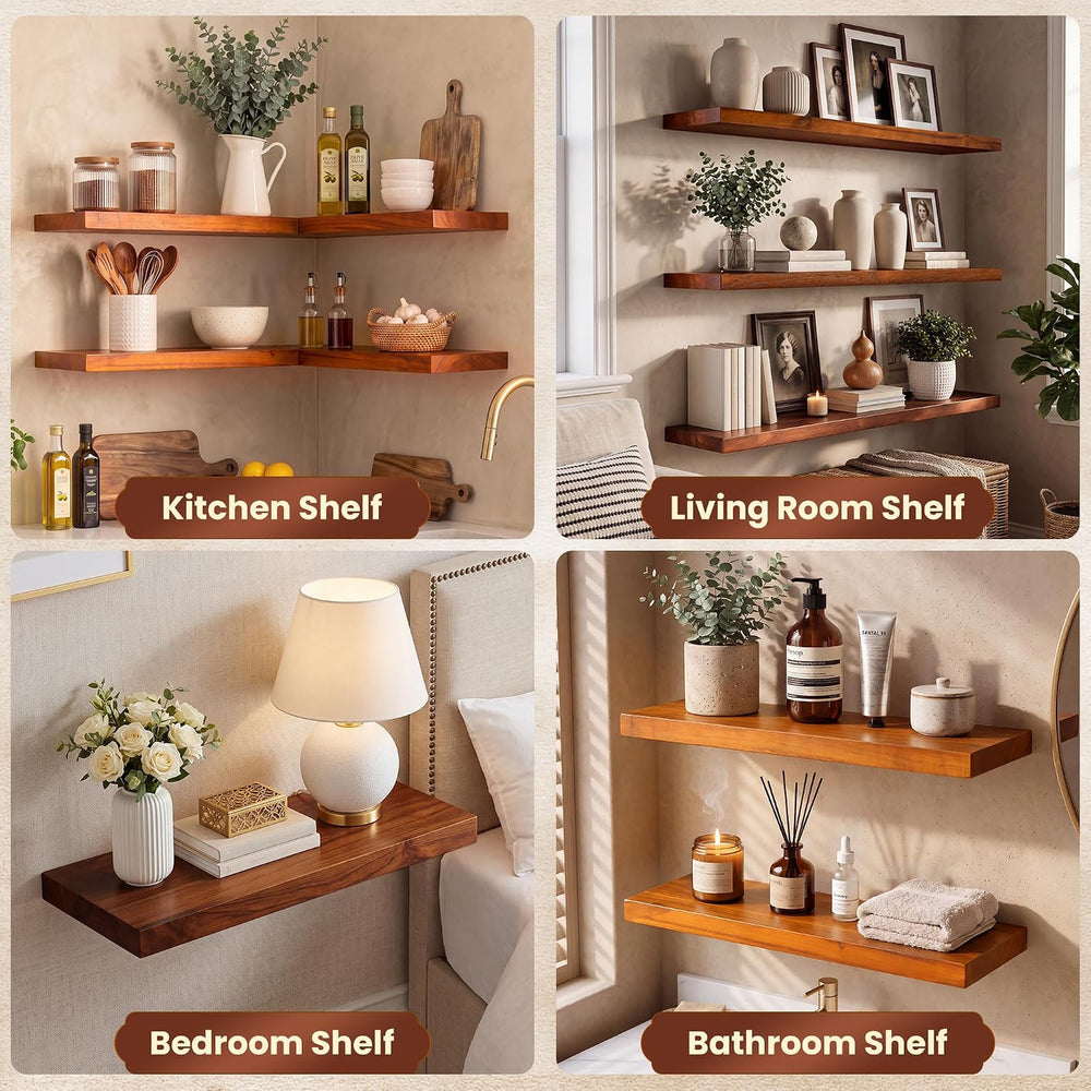 24" Teak Floating Shelves, Natural - Set of 2