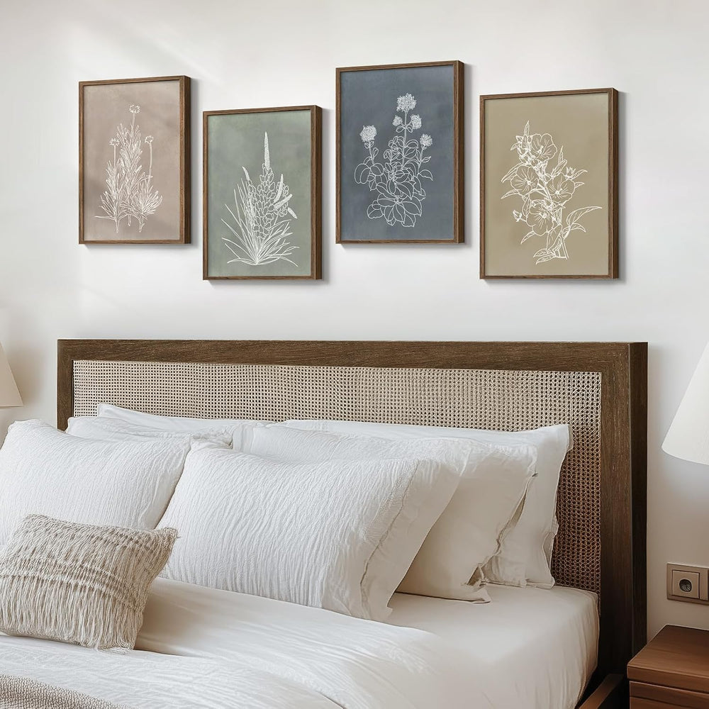 Framed Boho Neutral Botanical Wall Art for Living Room, 4 Piece 12x16 In