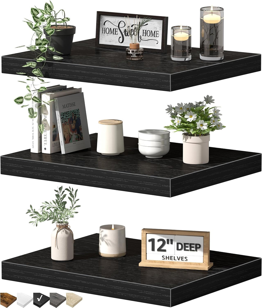QEEIG 12" Deep Floating Projector Shelves Under TV Shelf (Black, Set of 3)