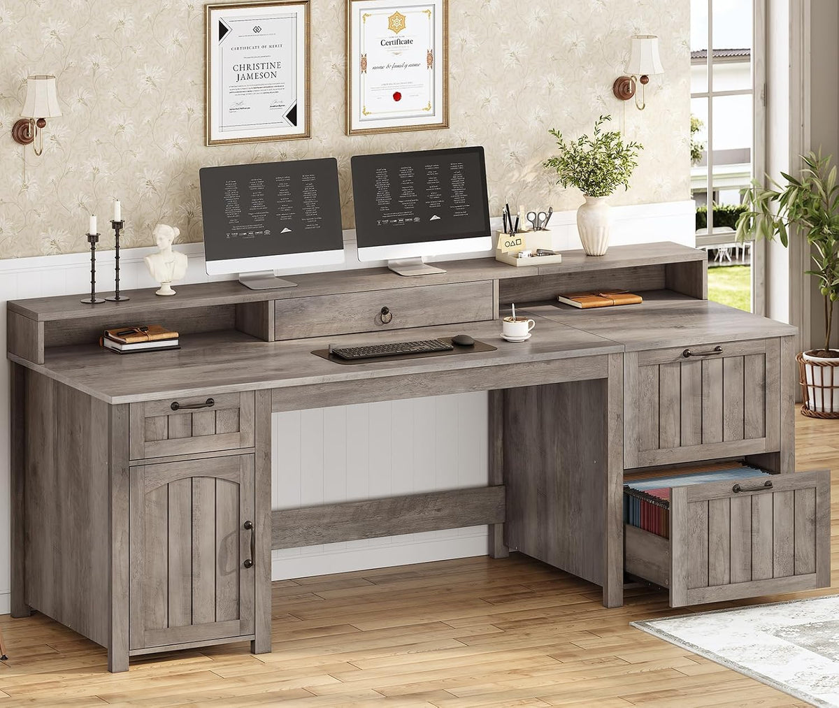 SEDETA 63" Farmhouse Executive Desk with Drawers and Storage Cabinet, Grey