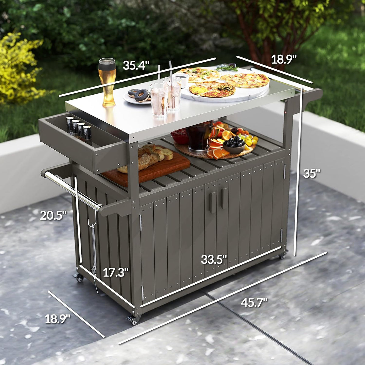 Outsunny Outdoor Bar Cart with Storage Cabinet Kitchen Island Dark Gray