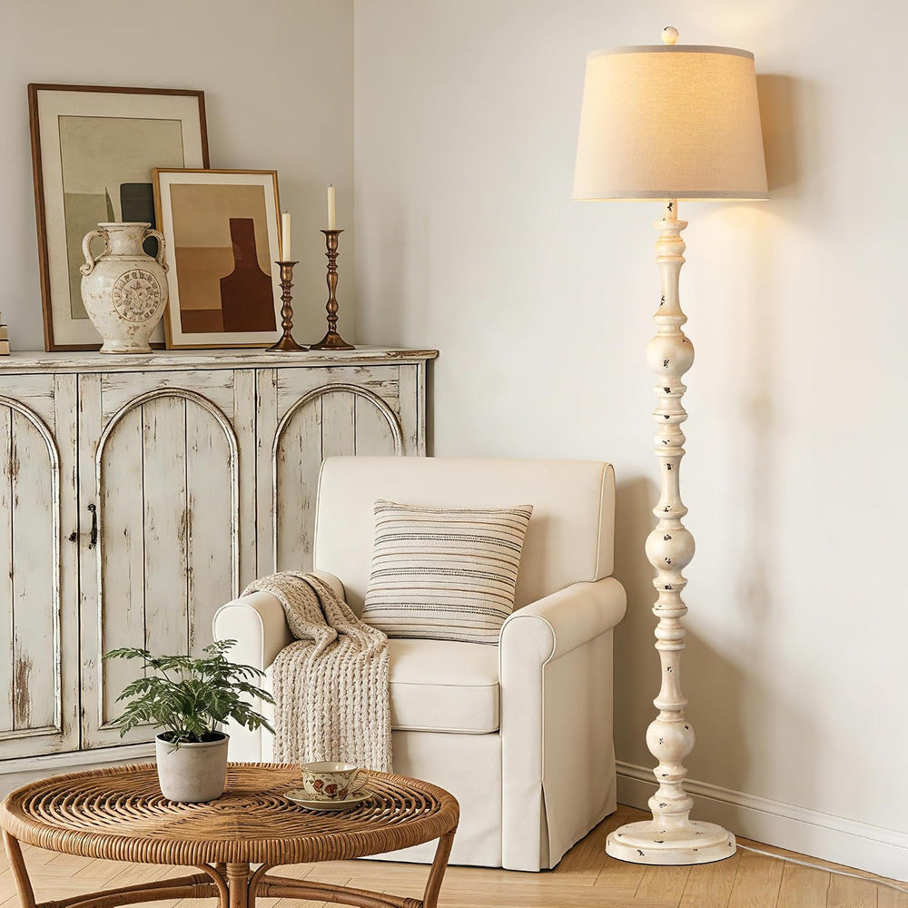 QiMH 61" Vintage Floor Lamp for Living Room, Farmhouse Lamps, Shabby White