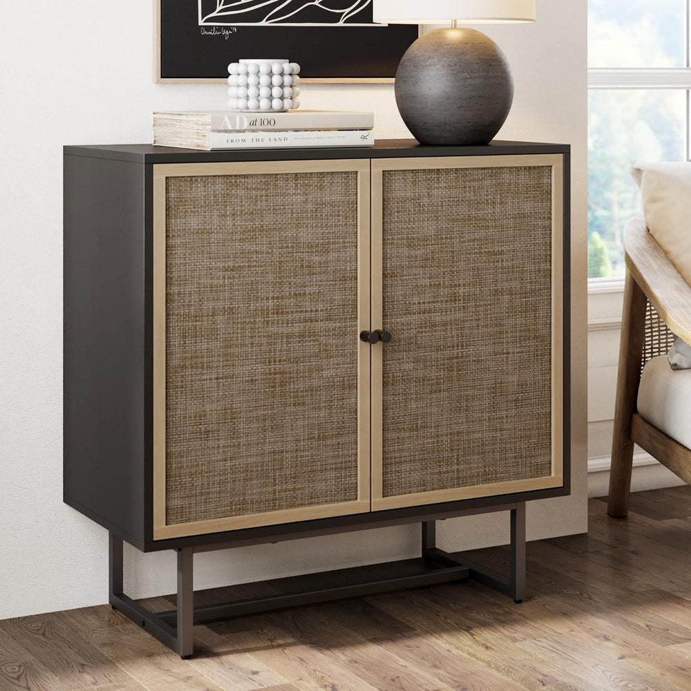 Nathan James Kova Rattan Wood Accent Sideboard Storage Cabinet with Matte Met...