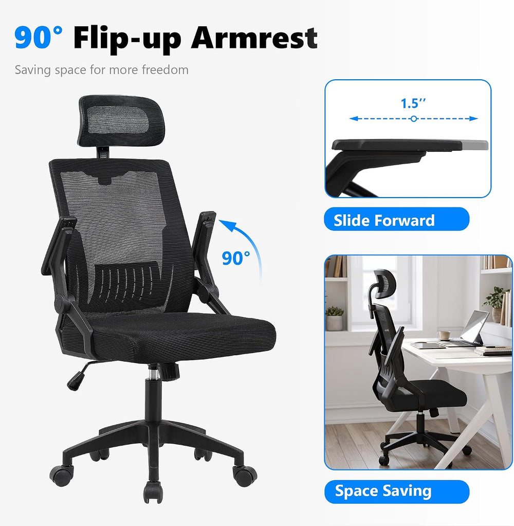 High Back Mesh Office Chair Small Desk Chairs with Flip-up Armrests,Black