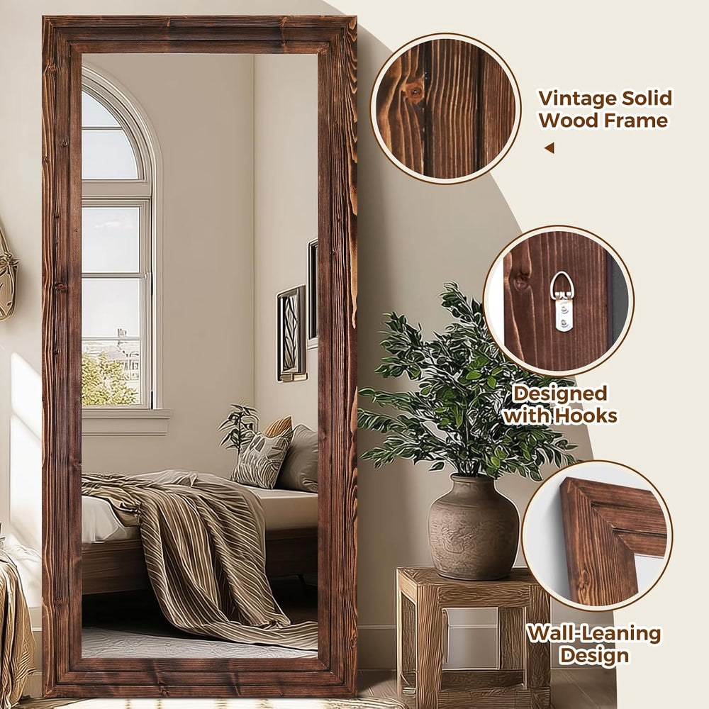 Full Length Mirror, 76 x 34 Inch Solid Wood Floor Mirror, Brown