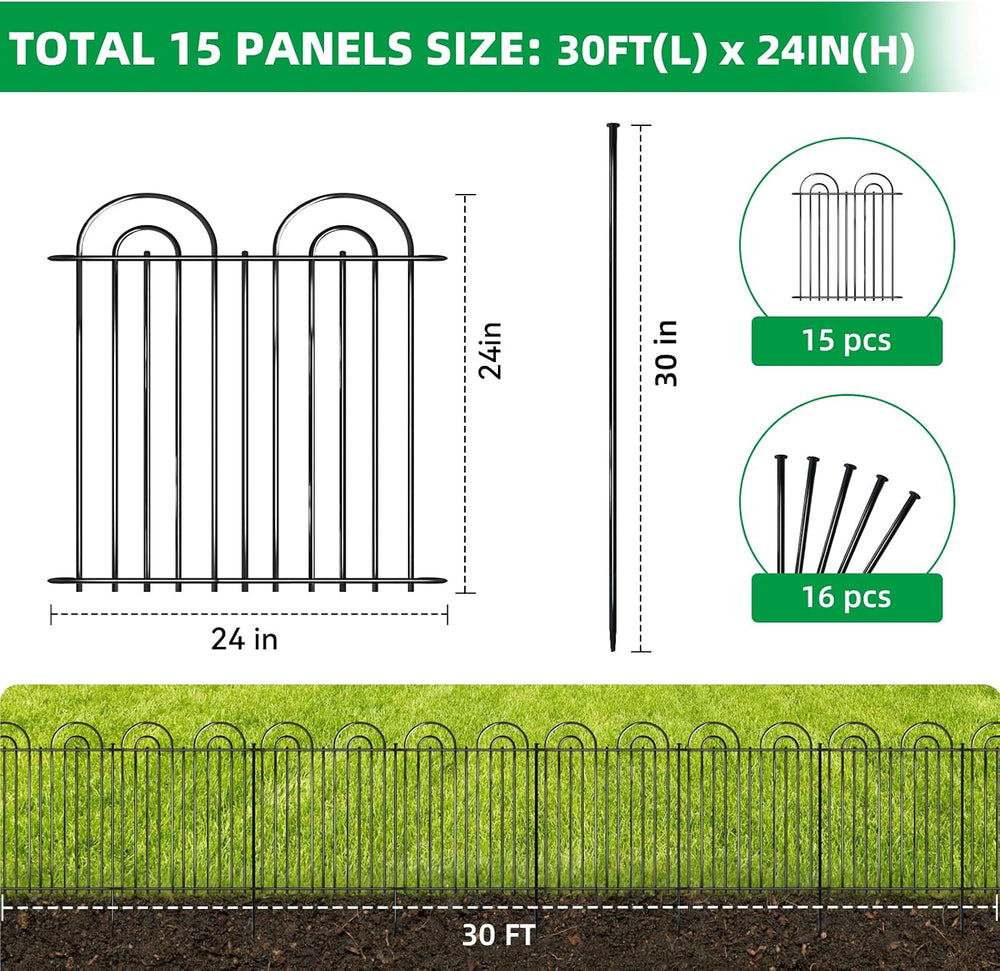 15 Panels No Dig Decorative Garden Fence, 24in(H) X 30ft(L) Tall Dog Fence Ou...