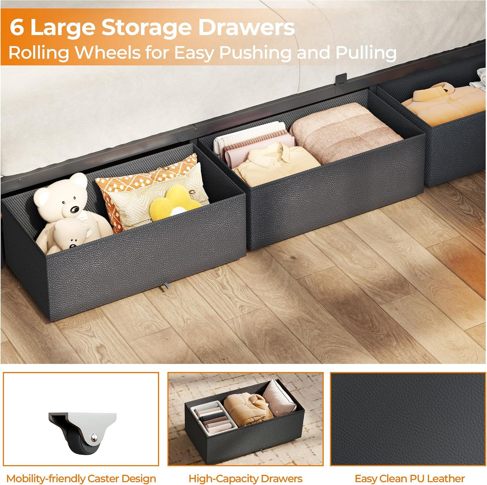 OURPIC Full Size Bed Frame with Storage Headboard, 6 Drawers, LED&Charging