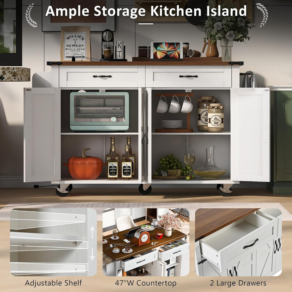 53 in Rolling Kitchen Island Cart with Storage & Power Outlet, Retro White