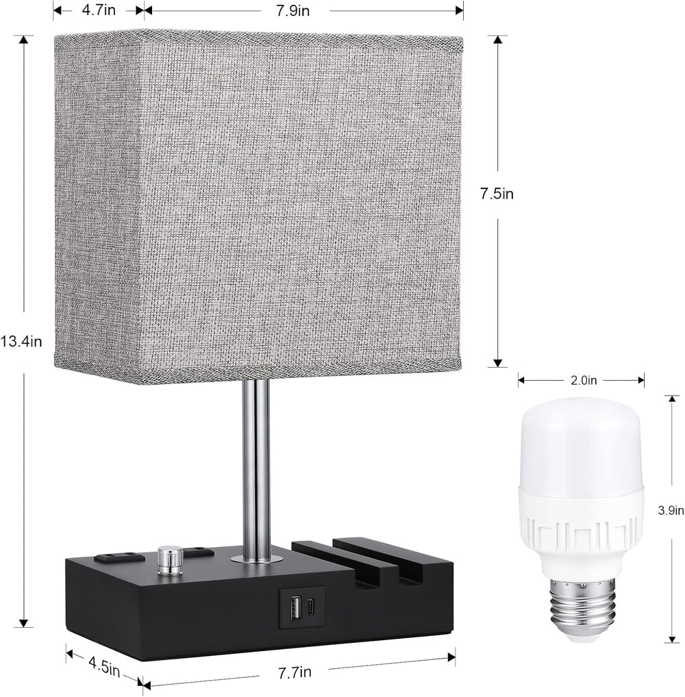 Bedside Table Lamp for Bedroom Nightstand - Stepless Dimmable, 2 AC Outlets