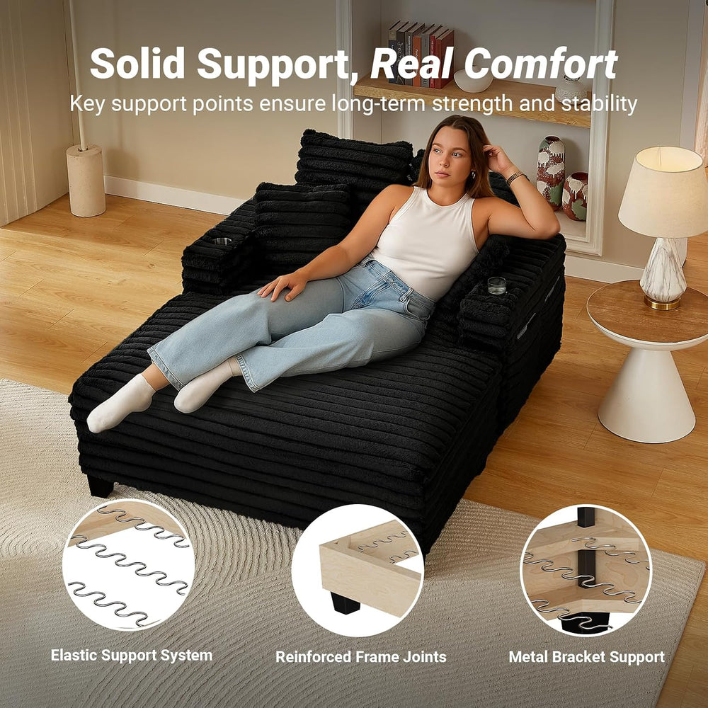 Amsleekey 64" Oversized Chaise Lounge Chair with Wood Frame, 2 Cup Holders