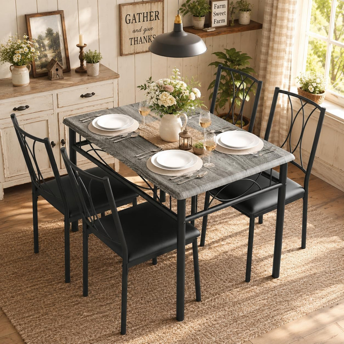 CABIHOME Dining Table Set - 5 Piece Rectangle Kitchen Table with 4 Upholstered Chairs, Perfect for Small Spaces & Apartments - Retro Gray