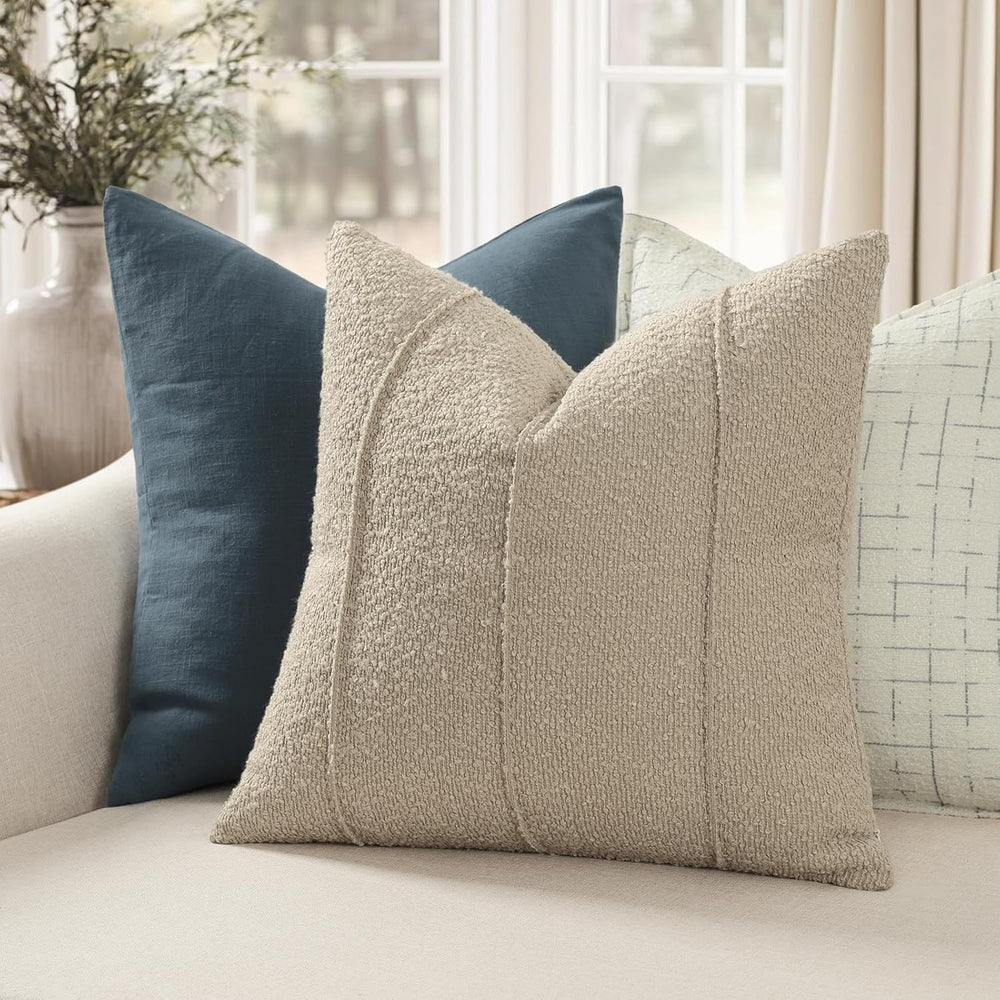 YCOLL Textured Boucle Throw Pillow Covers 22x22 Pack of 2 - Soft Neutral Stri...
