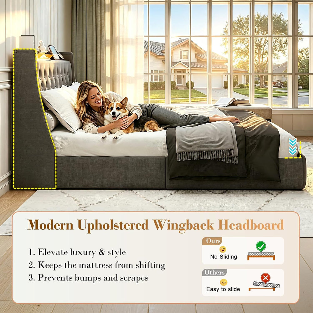 Upholstered Queen Size Bed Frame with 4 Storage Drawers and LED Lights