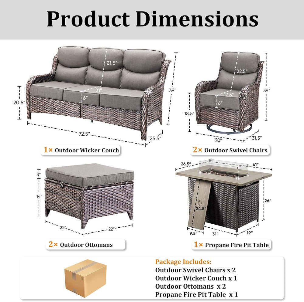 Luxury Patio Furniture Set with 42.5" Fire Pit Table, 6 Pieces High Back...