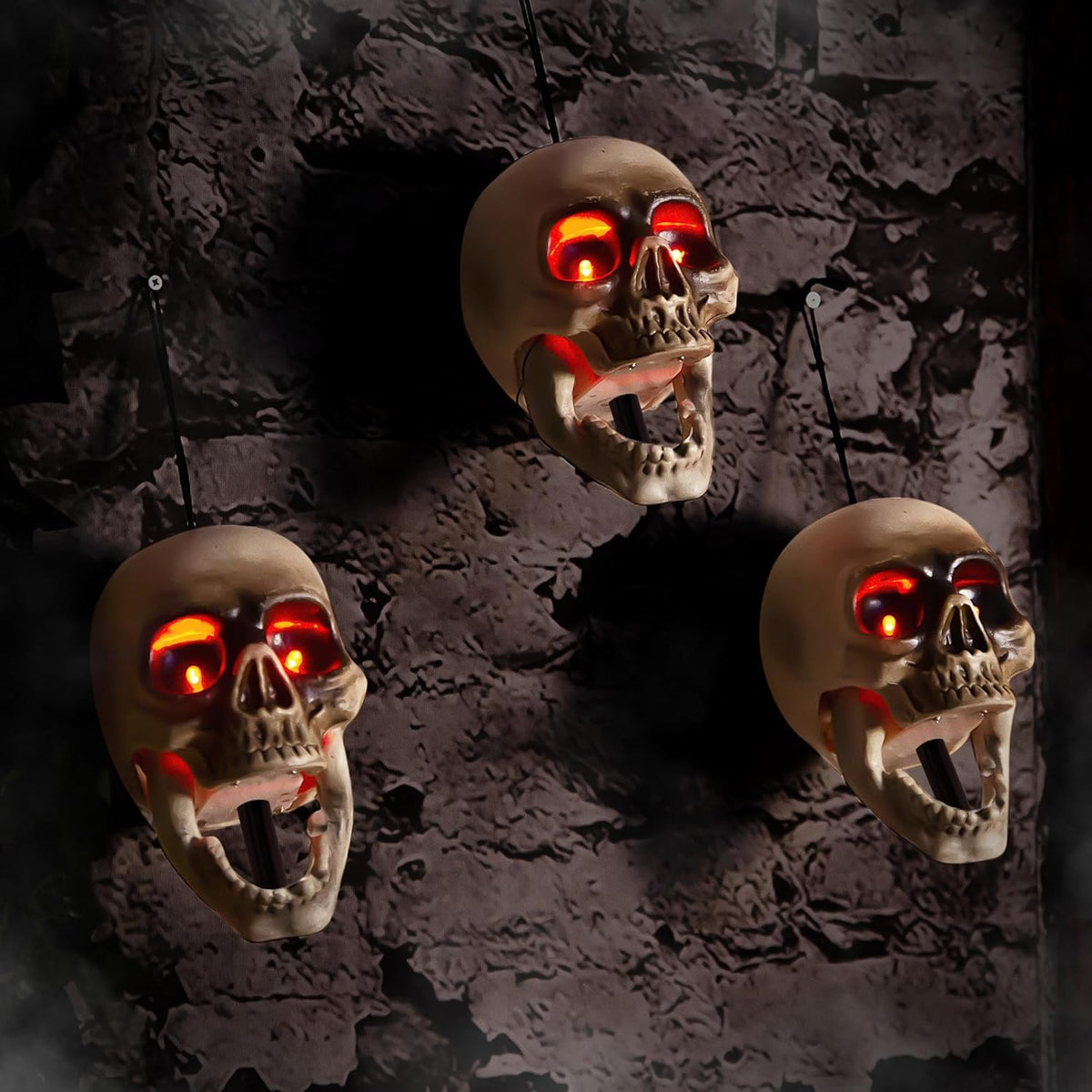 Halloween Animatronics Floating Scary Skull, Hanging Animated Decorations, Pathway Markers Skeleton with Sound Activated, Talking, Light Up Eyes, Haunted Horror Prop for Indoor, Outdoor (3Pack)