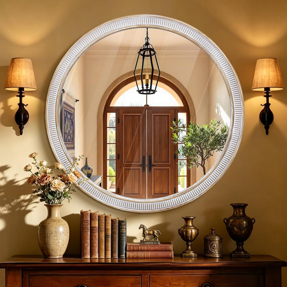 30 Inch Wooden Round Mirror for Wall Decor, Rustic Distressed Mirrors
