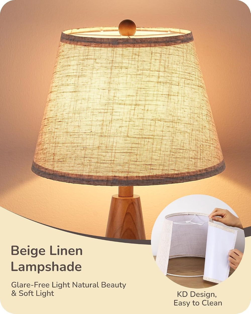 EDISHINE 22" Mid Century Table Lamp, Tapered Walnut Wood Base, E26 Socket