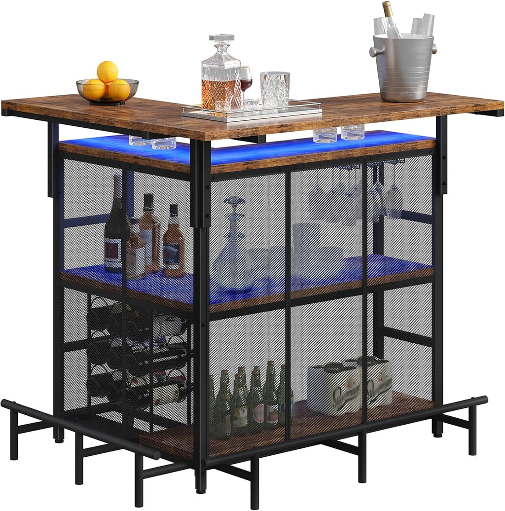 HOOBRO Home Bar Unit, L-Shaped Bar Table with Glasses Holder & 4-Tier Shelves, Corner Mini Liquor Cabinet with Footrest & LED Light APP Control for Home, Pub, Rustic Brown and Black BF129DBT01