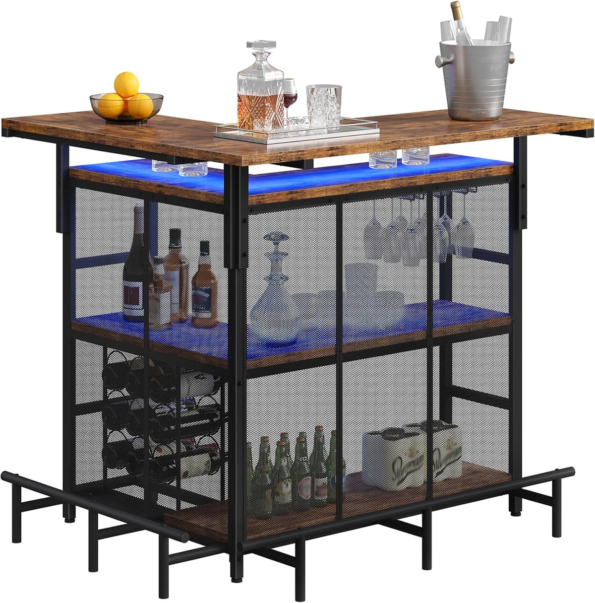 HOOBRO Home Bar Unit, L-Shaped Bar Table with Glasses Holder & 4-Tier Shelves, Corner Mini Liquor Cabinet with Footrest & LED Light APP Control for Home, Pub, Rustic Brown and Black BF129DBT01