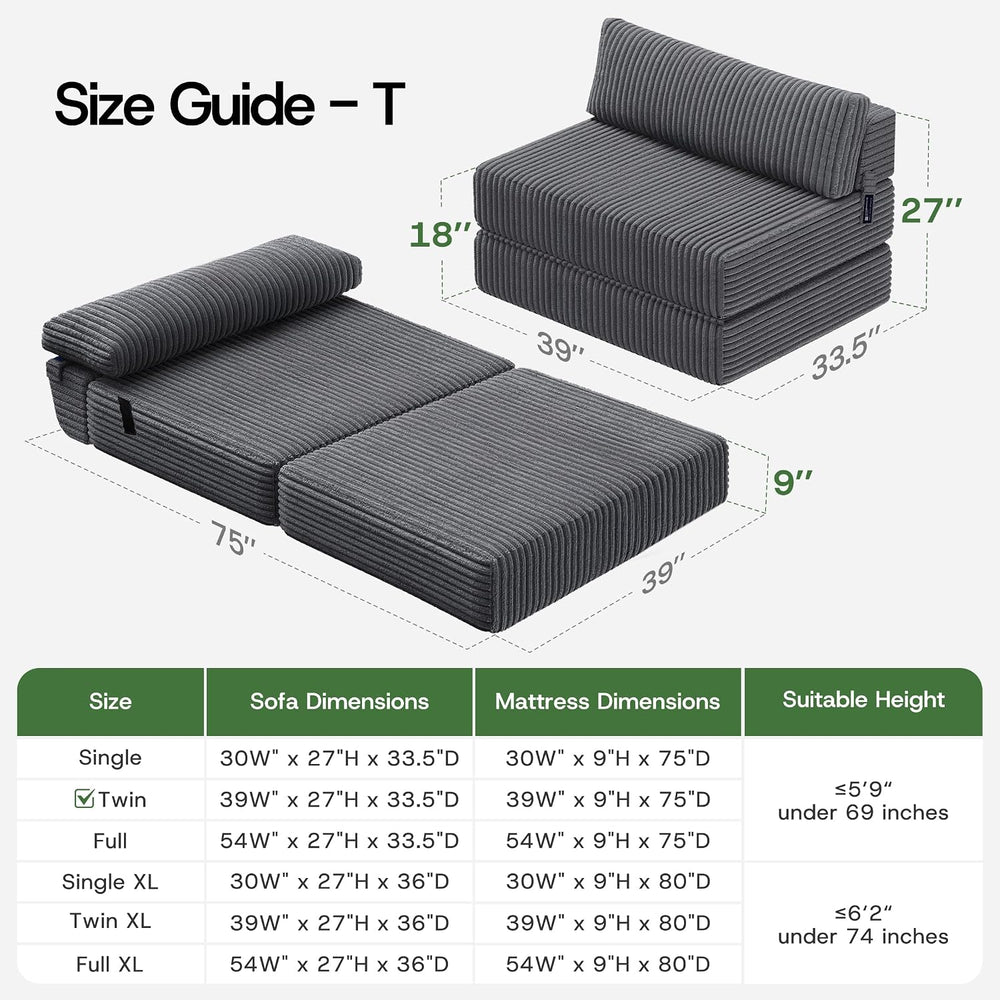 Folding Sofa Bed Convertible 4 in 1 Sleeper Chair Gray Twin