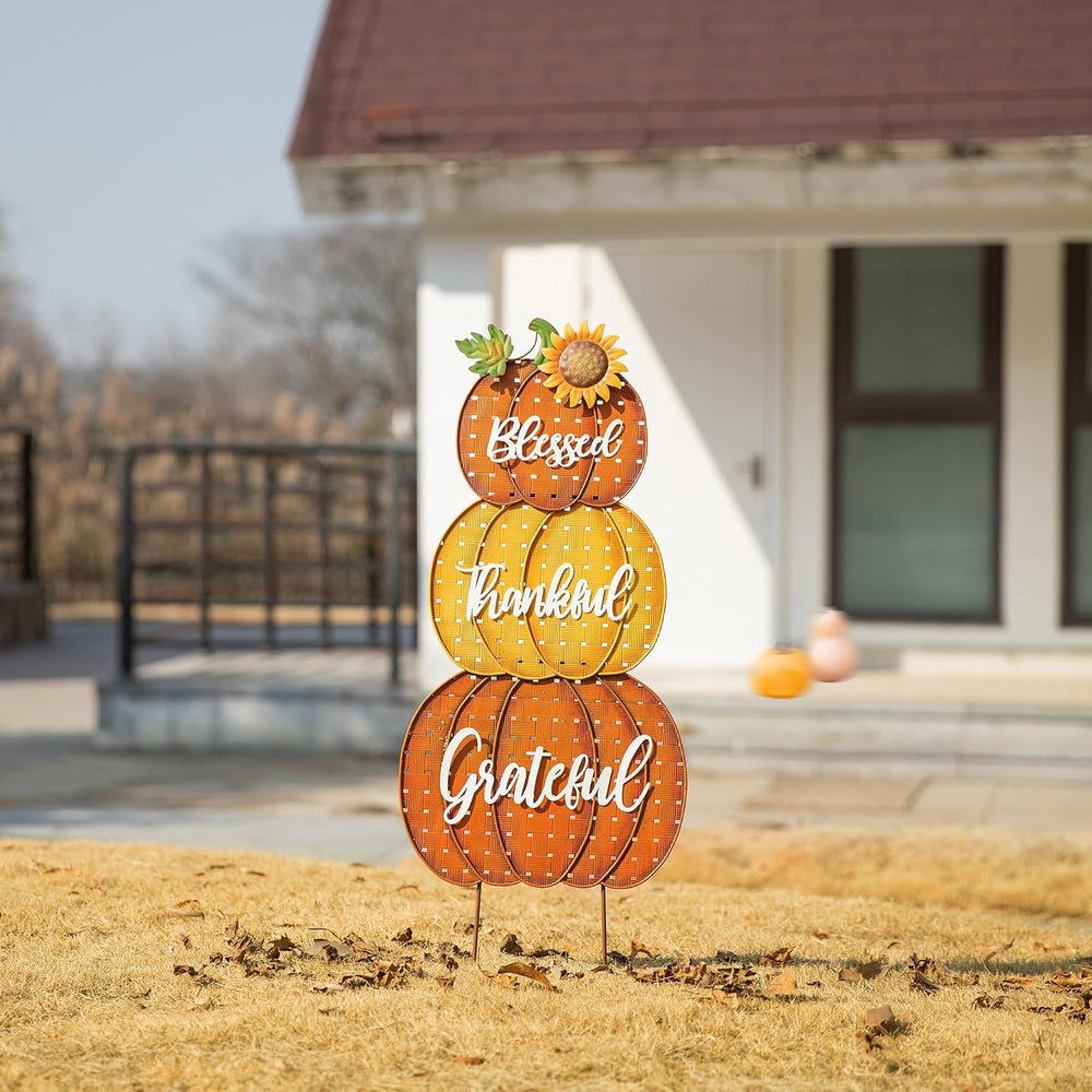 Glitzhome 35.5" H Fall Stacked Pumpkins Yard Stakes,Metal Thanksgiving S...