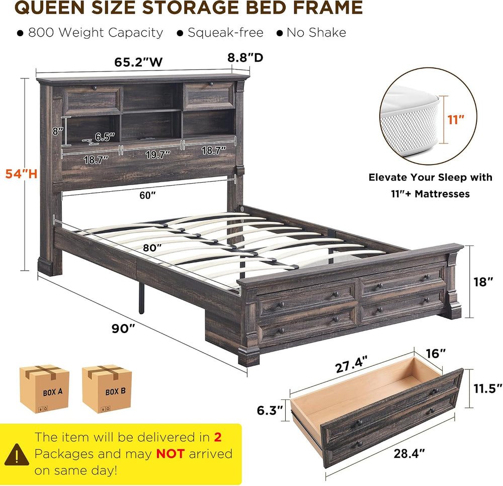 Queen Size Bed Frame with 54" Tall Headboard with 4 Storage Rack, 2 Drawers