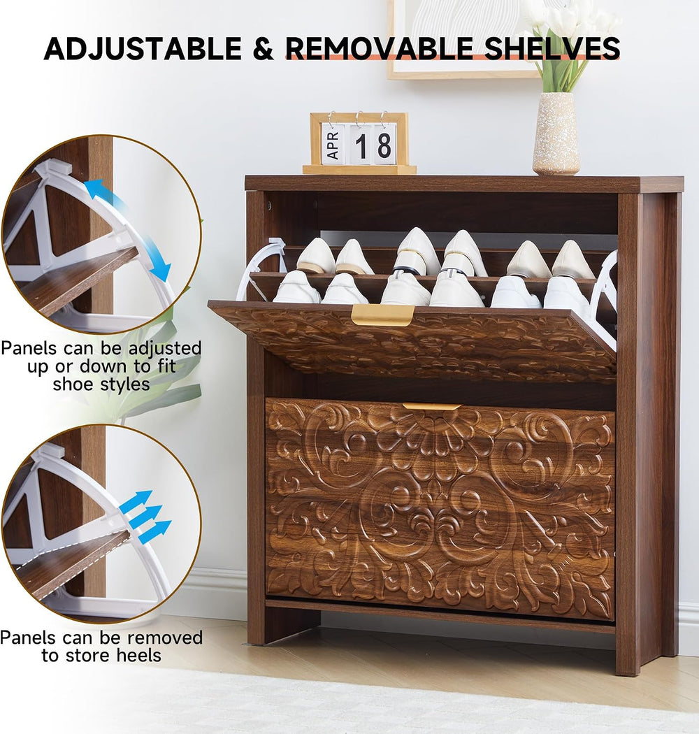 Shoe Cabinet with Flip Drawers, Narrow Shoe Storage Cabinet, 2-Tier Hidden Sh...
