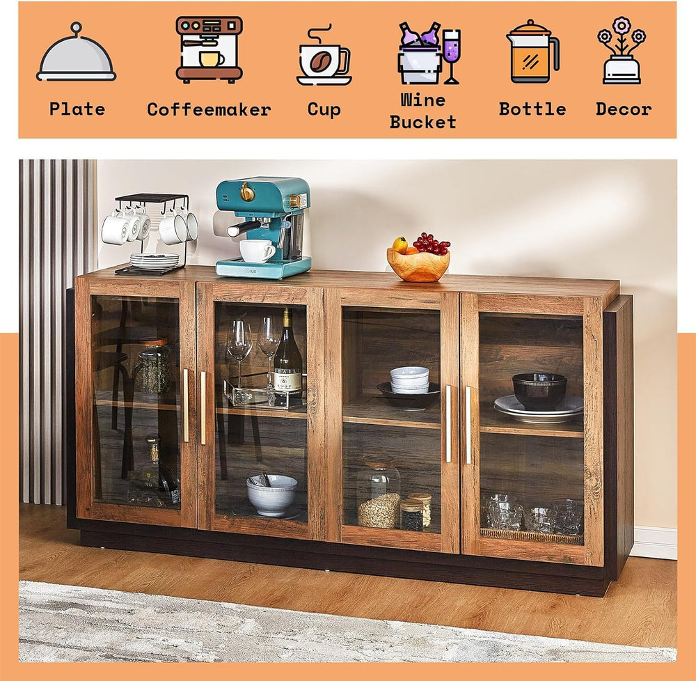 AMERLIFE Modern Sideboard Buffet Cabinet with Storage & Glass Doors, Brown