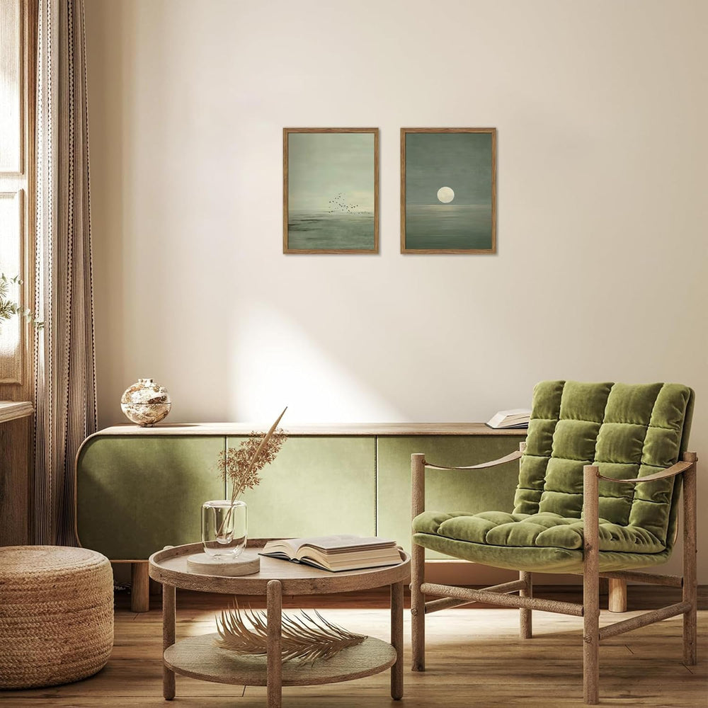 Framed Japanese Zen Wall Art Set of 2, Minimalist Sage Green Flying Duck Canv...