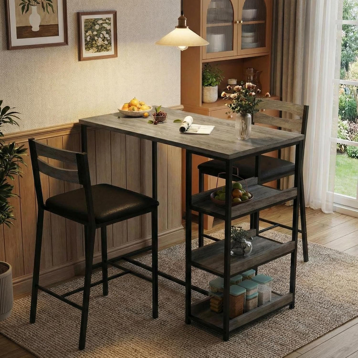 GarveeHome Dining Table Set for 2, Wood Table with Upholstered Chairs