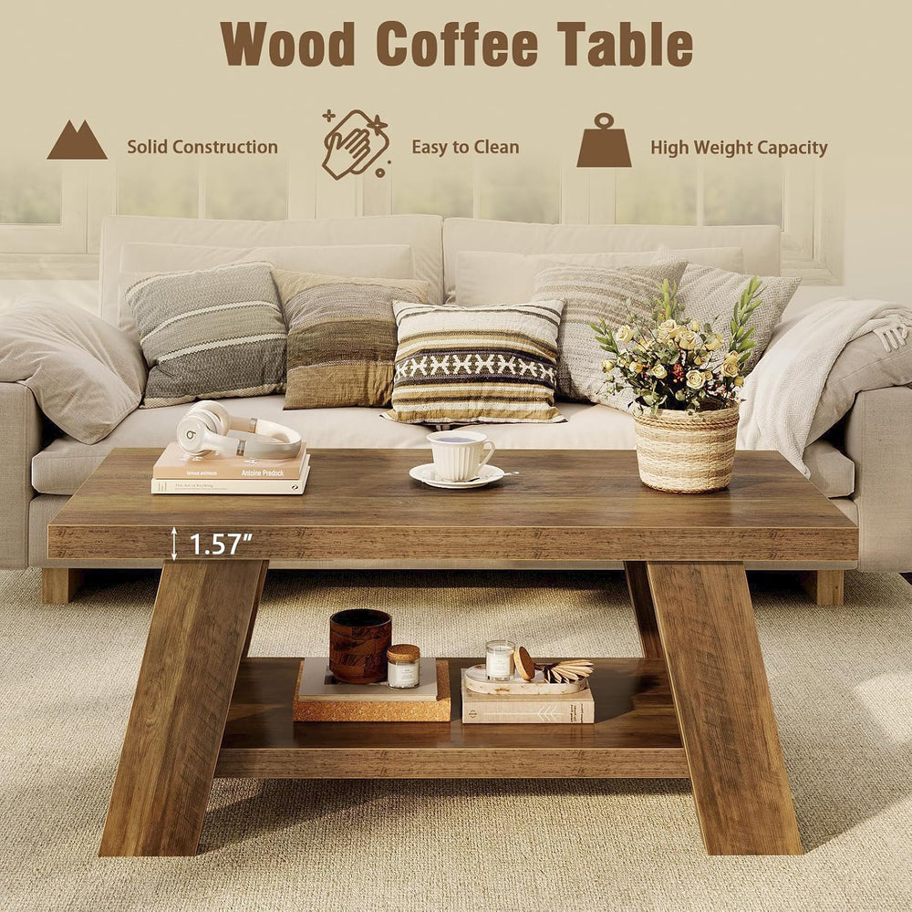 Tohomeor 47.24" Coffee Table for Living Room, Farmhouse Wooden Coffee Ta...