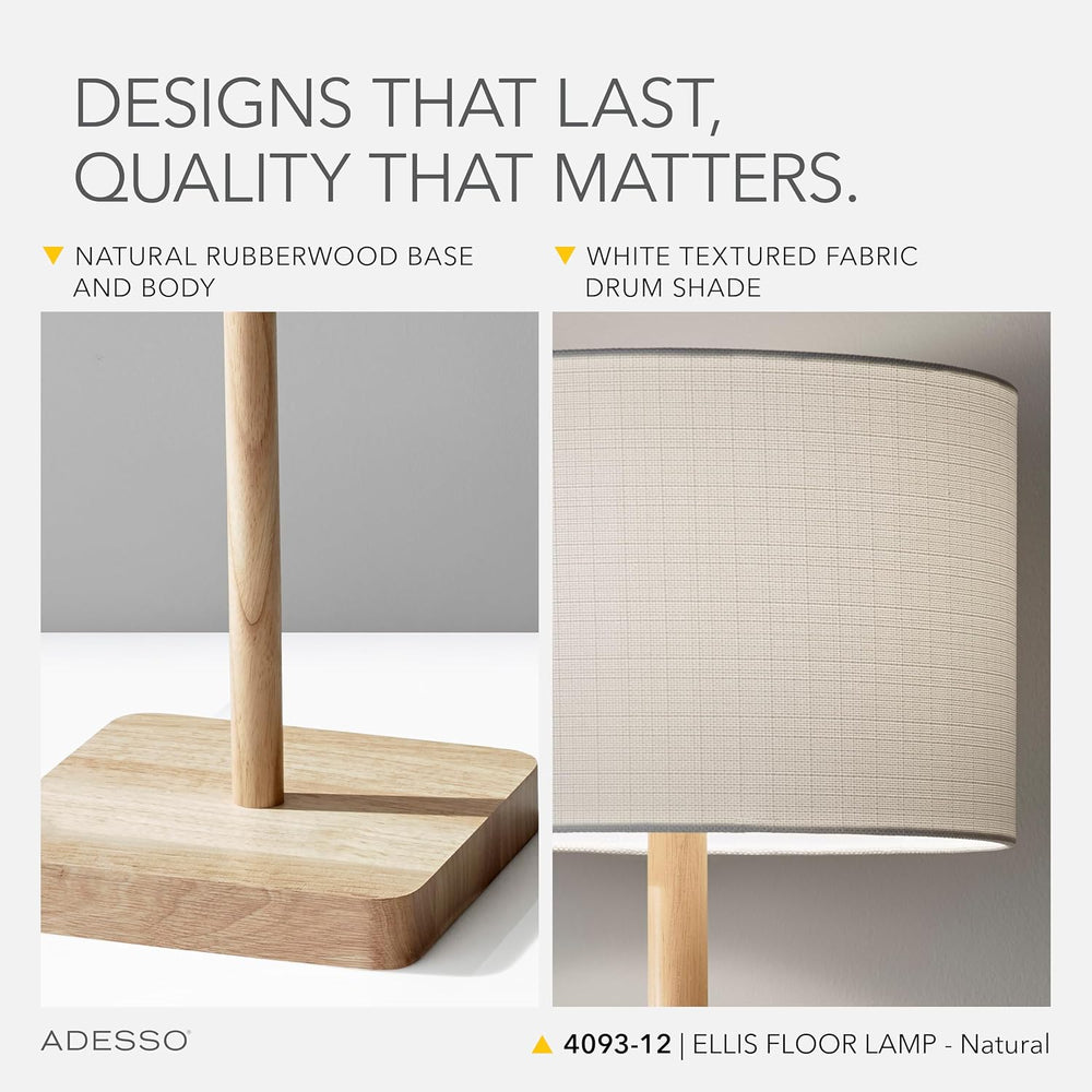 Adesso Floor Lamp, Natural Rubberwood & White Linen, 3-Way, 58.5”