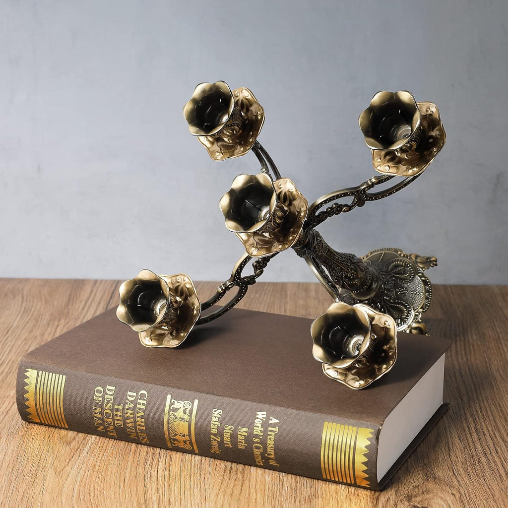 5-Candle Metal Candelabra 10.3 Inch Tall Candlestick Candle Holders for Home Decor Wedding Christmas Church Halloween Party,Bronze Tulip