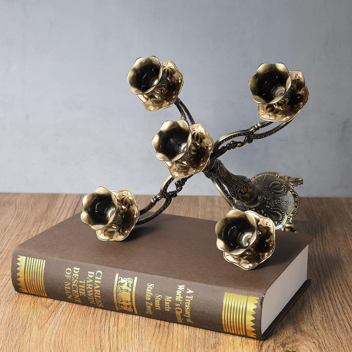 5-Candle Metal Candelabra 10.3 Inch Tall Candlestick Candle Holders for Home Decor Wedding Christmas Church Halloween Party,Bronze Tulip