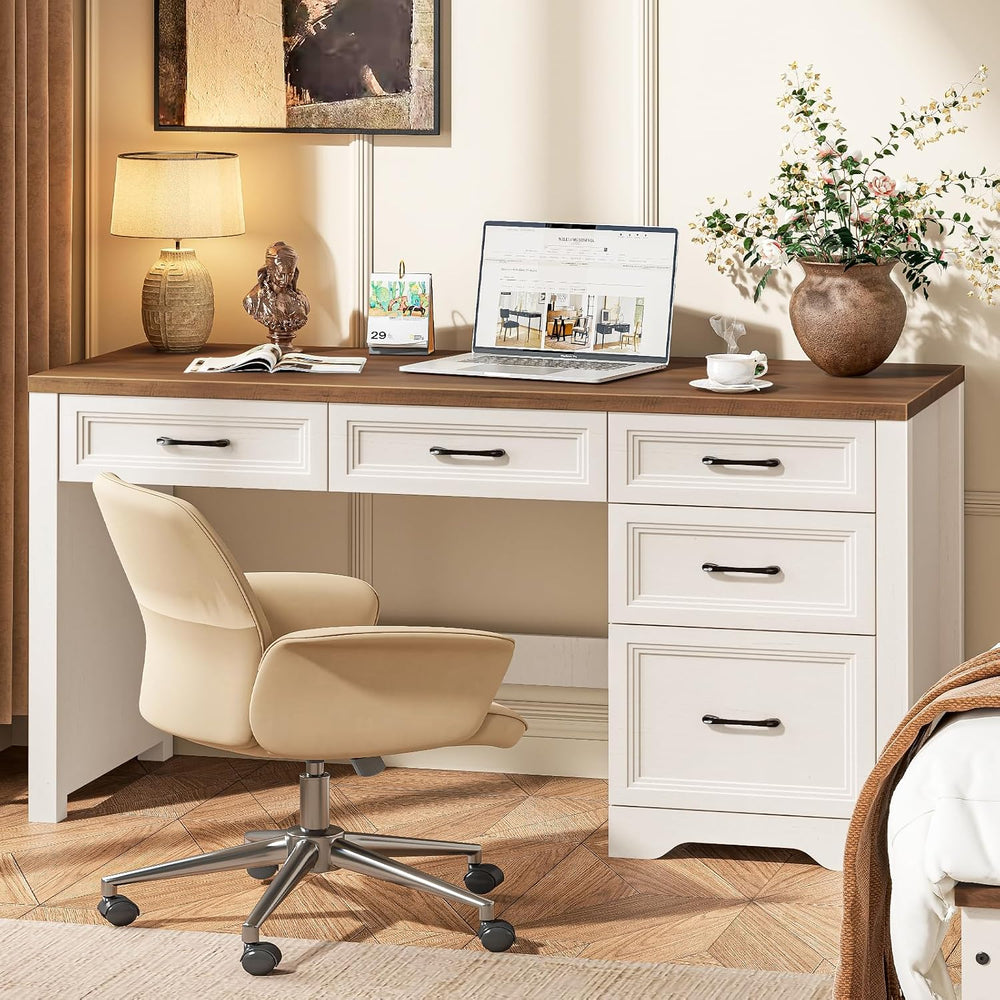 Vabches 55″ Farmhouse Desk with 5 Storage Drawers, Unique White