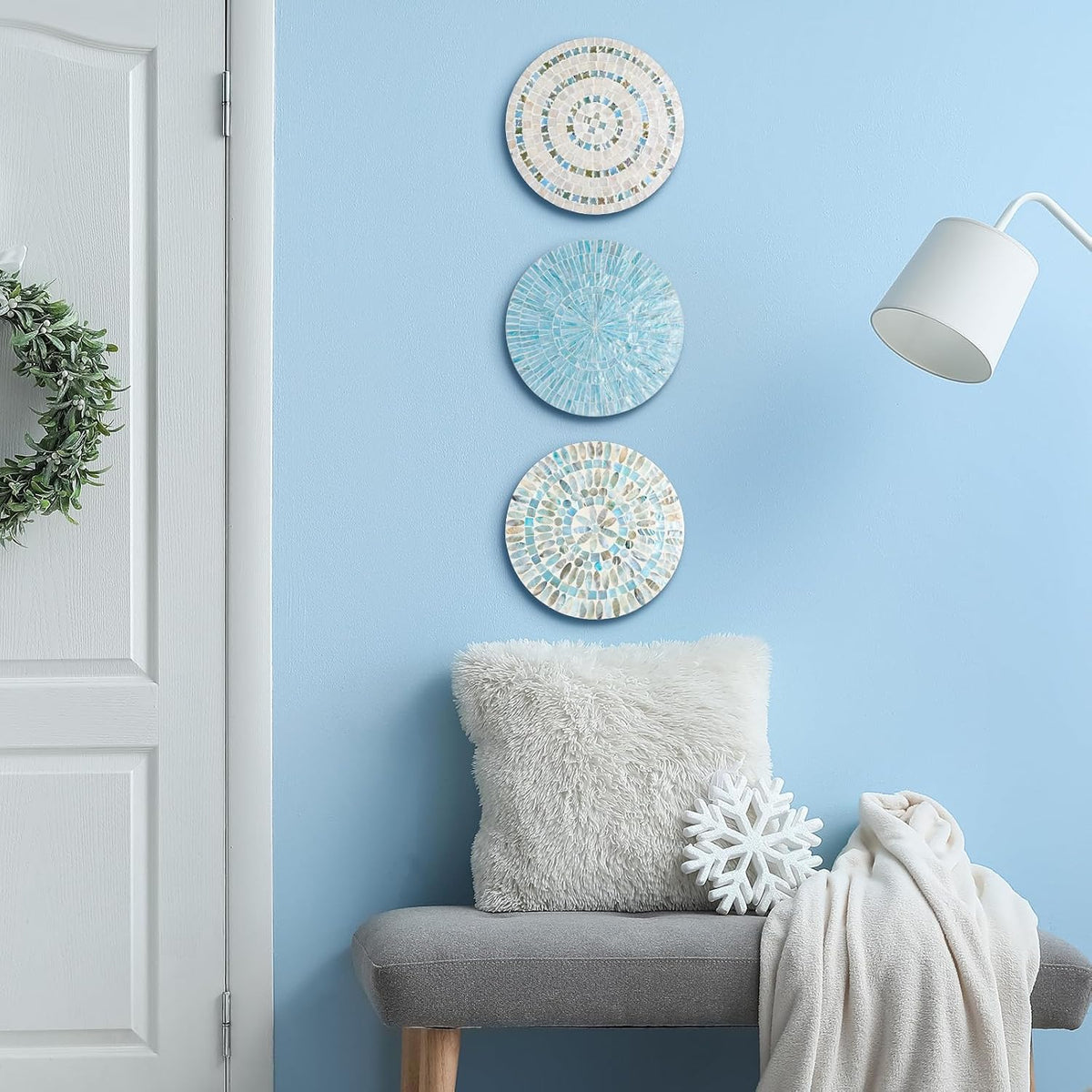 Tioncy 3 Pcs 11.8'' Blue Mother of Pearl Shell Plate Coastal Wall Art