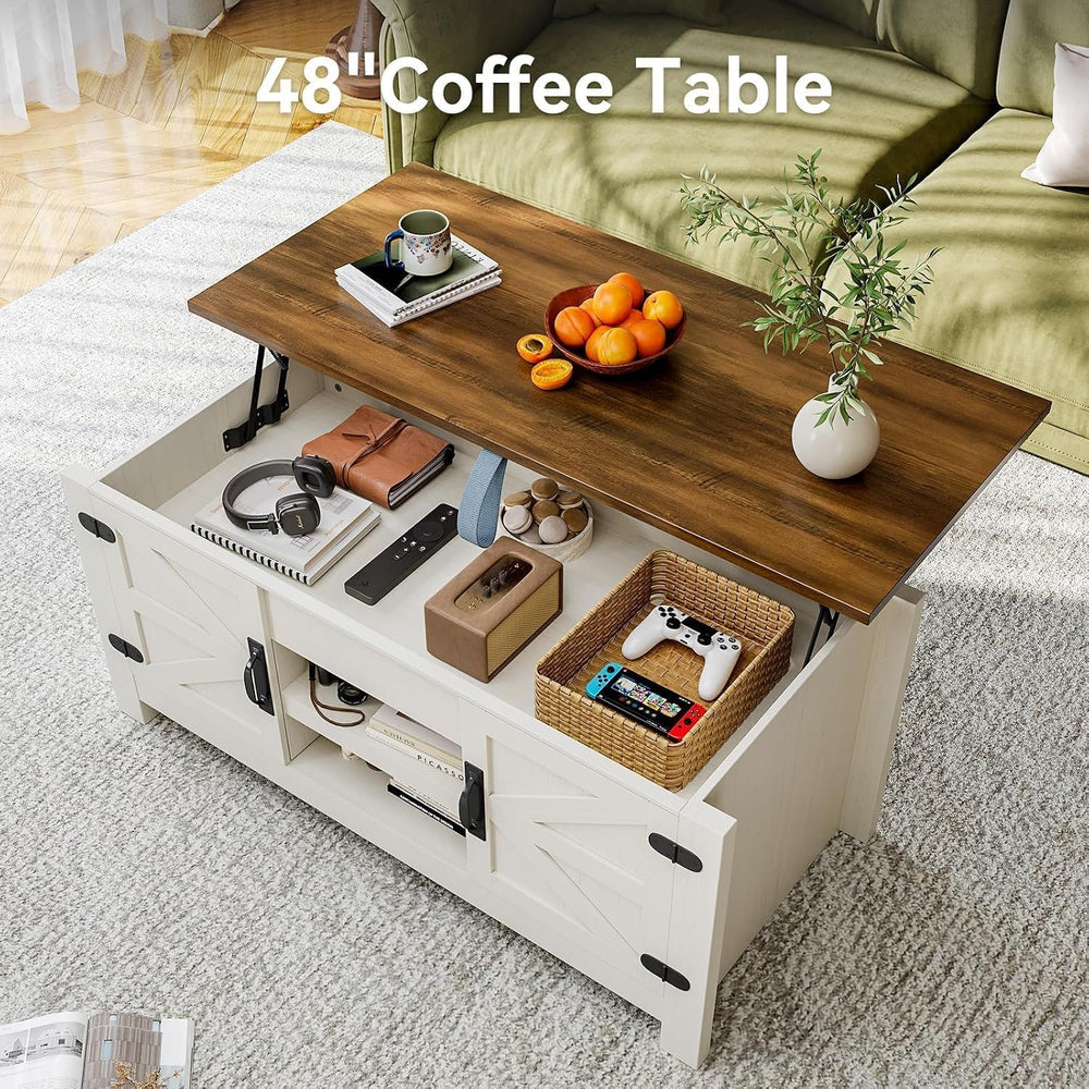48" Lift Top Farmhouse Coffee Table with Hidden Storage, White
