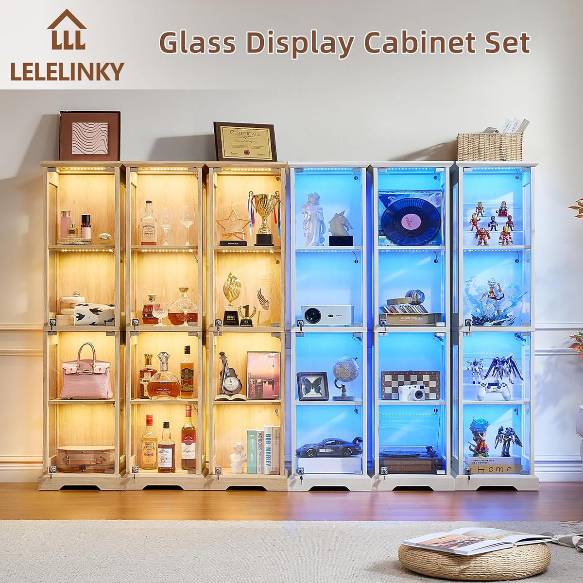 LELELINKY Farmhouse Narrow Glass Display Cabinet with Doors & Lock, Natural