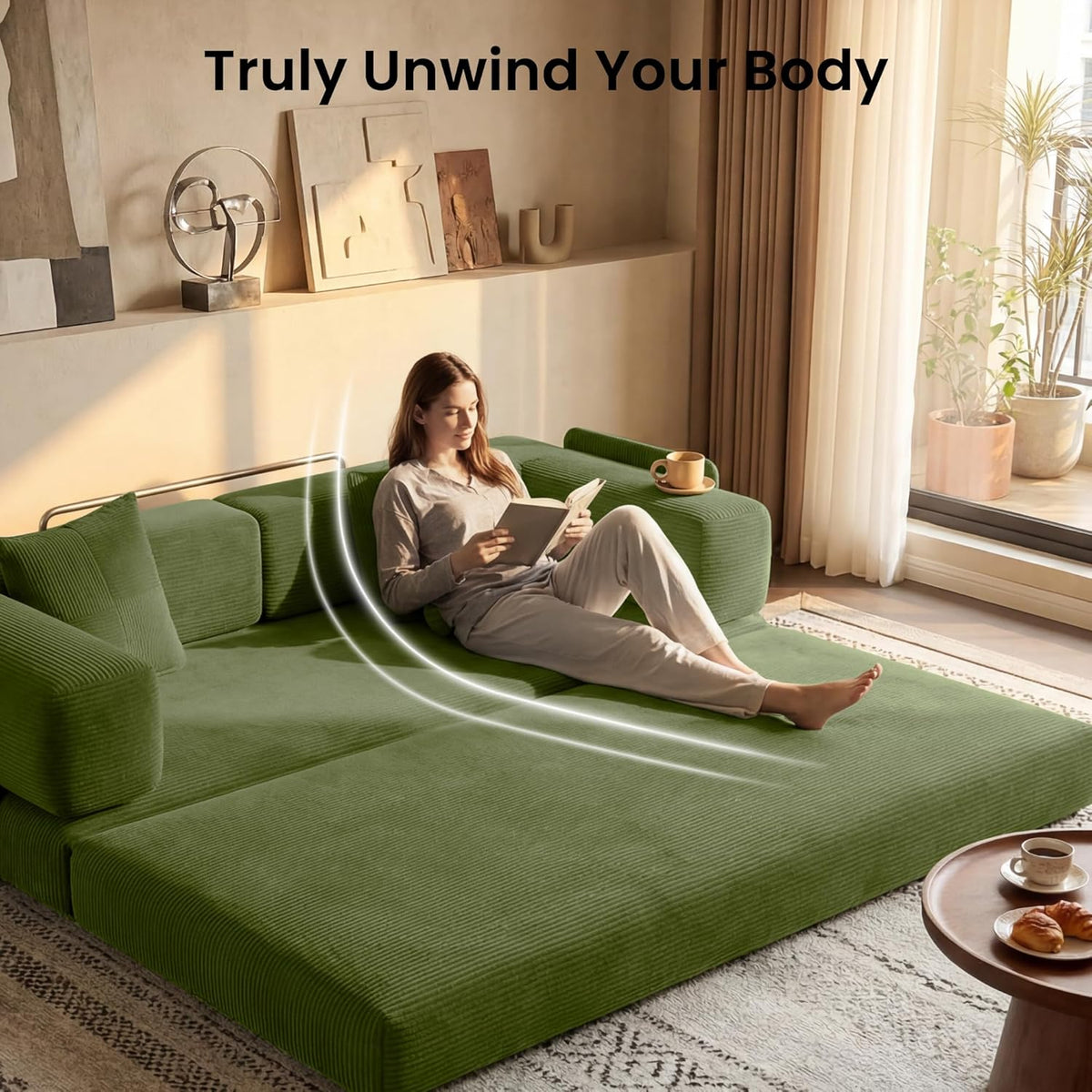 78.8" Convertible Sofa Bed,Corduroy Futon Couch with Storage Pocket,Folding Pull Out Futon Sofa,No Assembly Couch for Living Room,Green