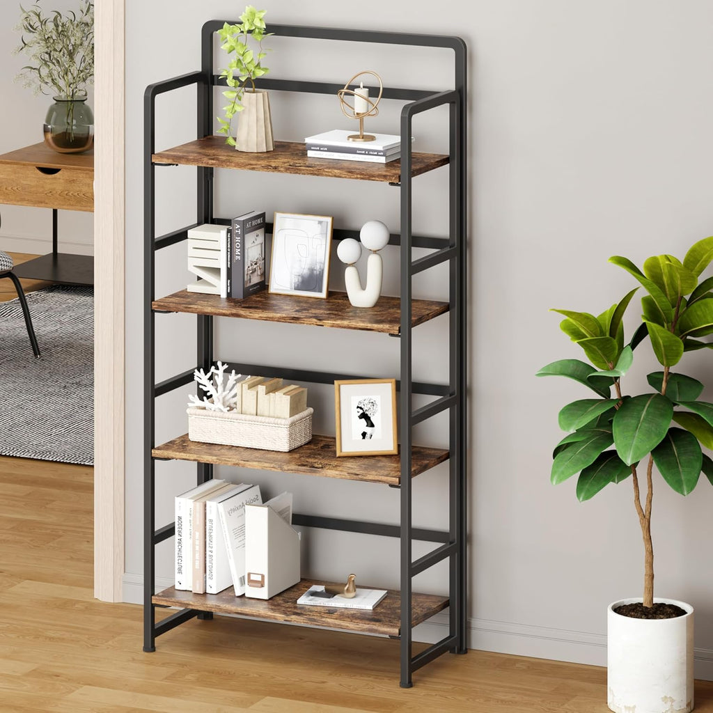 folding bookshelf 4 tiers,no assembly,vintage wood storage,rustic brown showing dimensions