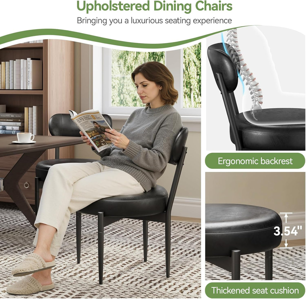 Welzona Upholstered Dining Chairs Set of 2, Dining Room Chairs with Sturdy Metal Legs, Kitchen Chairs for Dining Room/Kitchen/Restaurant/Hotel, Modern Style, Black
