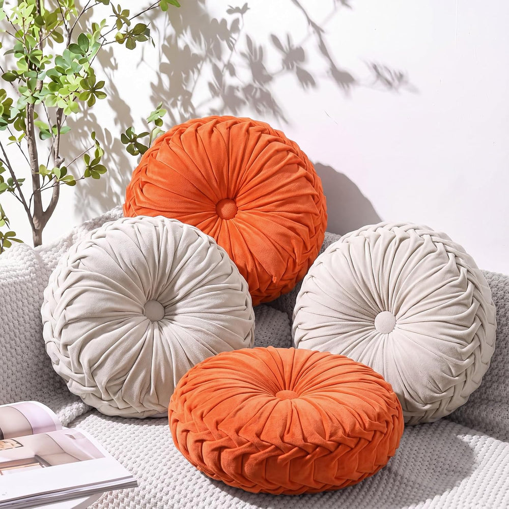Kathfly 4 Pcs Round Throw Pillows Velvet Pleated Pillows, Cream, Orange