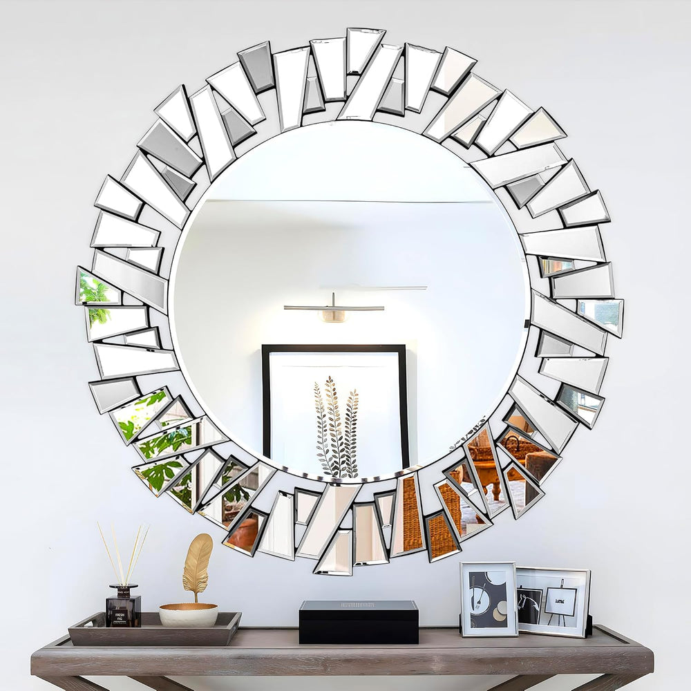 Round Mirror for Wall Decor, 36" Large Living Room Mirror with 3D Bevele...
