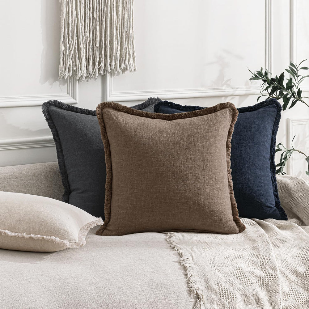 ANRODUO Euro Decorative Linen Fringe Pillow Covers 26×26 Cocoa Brown 2 Pack