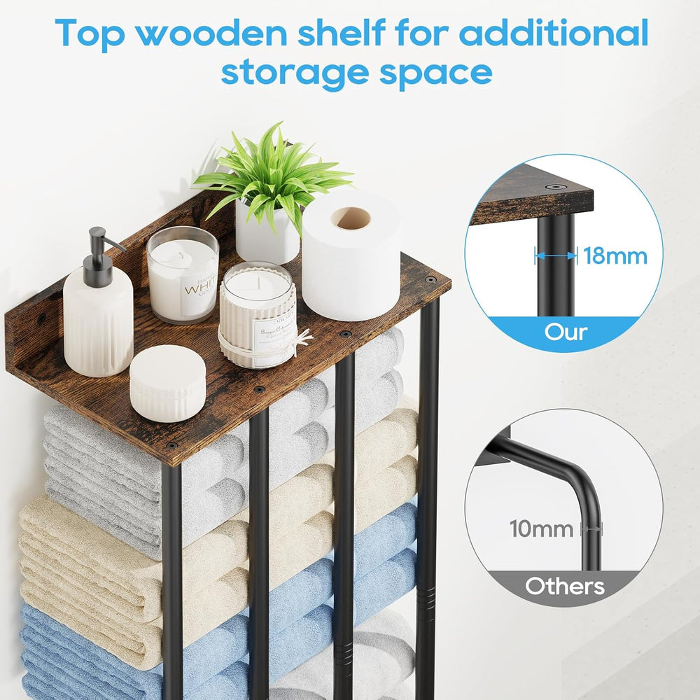 Wall Mounted 4-Bar Towel Rack with Wooden Shelf, Bathroom Storage Holder