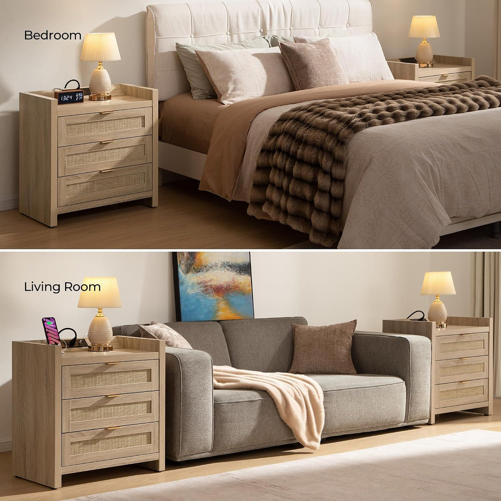 SICOTAS Rattan Nightstands Set of 2, Tall Bedside Table with 3 Drawers