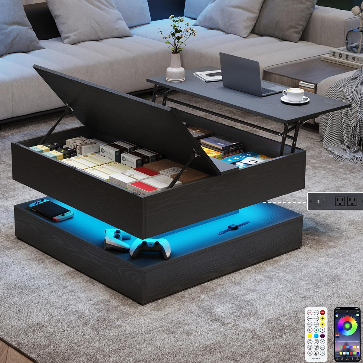 35.4" Large Square Coffee Table with Lifting top,Charging Station,Modern 2-Tier Square Center Table w/Hidden Compartment Storage,Tea Table with Wood Grain for Living Room, Office,Black