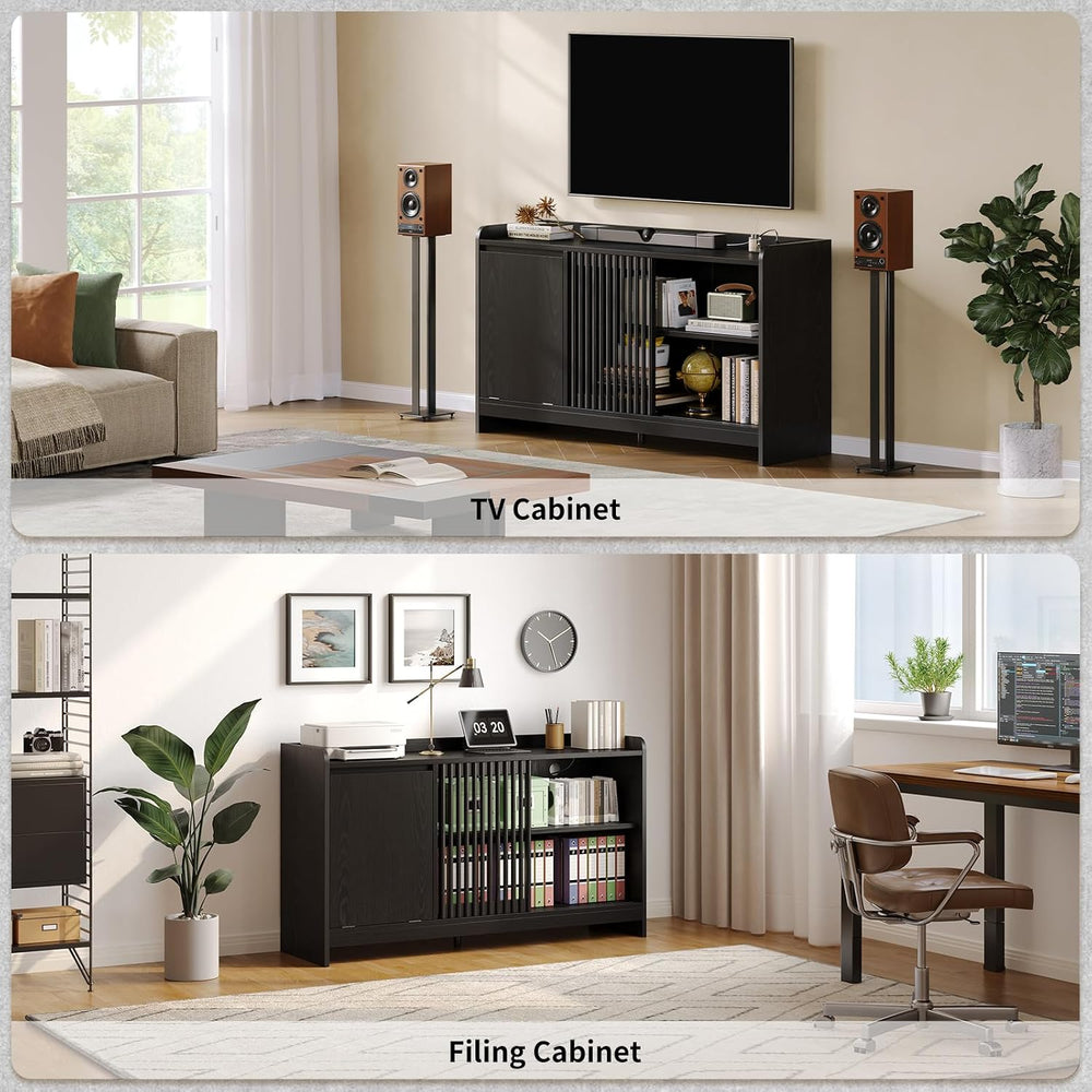 ONBRILL 48" Record Player Stand w/Flip-Out Storage Cabinet, Sliding Door